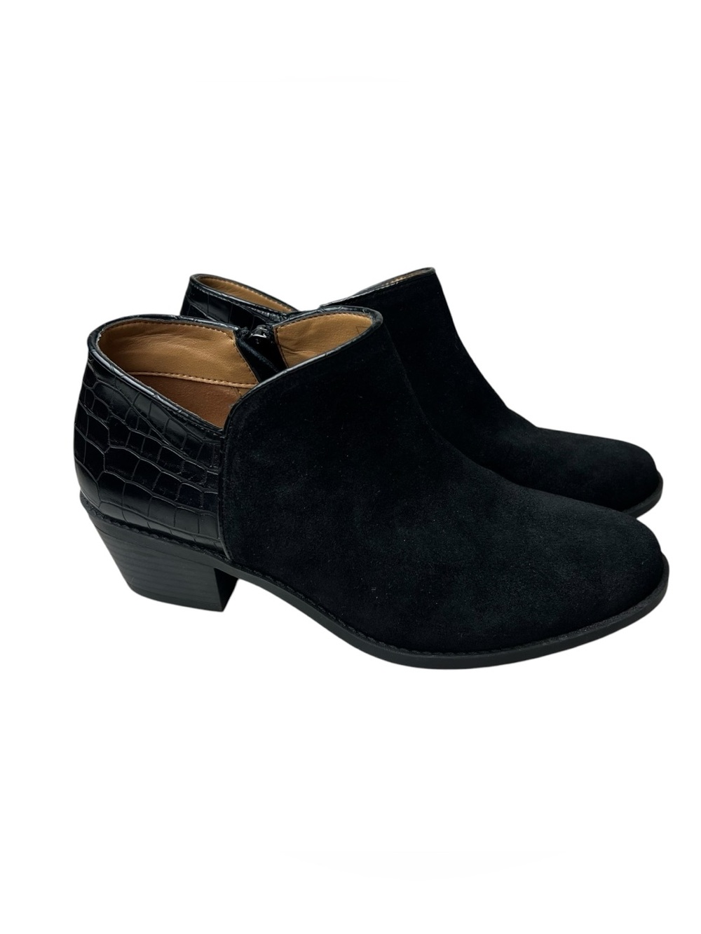 Vionic Marissa Black Suede Size 7 Ankle Booties with Croc-Texture Heel